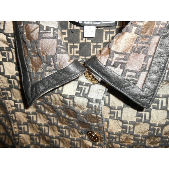 Vintage ST. JOHN SPORT By Marie Gray Leather Trim Jacket Bronze Black Monogram - Picture 8 of 12